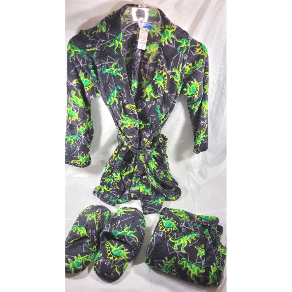 Only Boys Fuzzy Robe, Pants, Shoes Pajama Set - Black w/ Green Dinosaurs - S 6/7